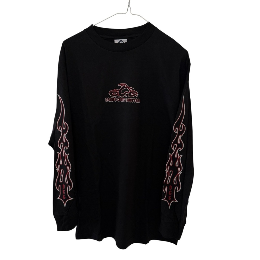 Vintage Black Long Sleeve Tee with Red Flame Sleeves